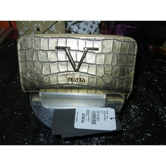 V ITALIA Gold Metallic Croc Embossed Italian Leather Full Zippy Long Wallet Glam - Picture 1 of 12